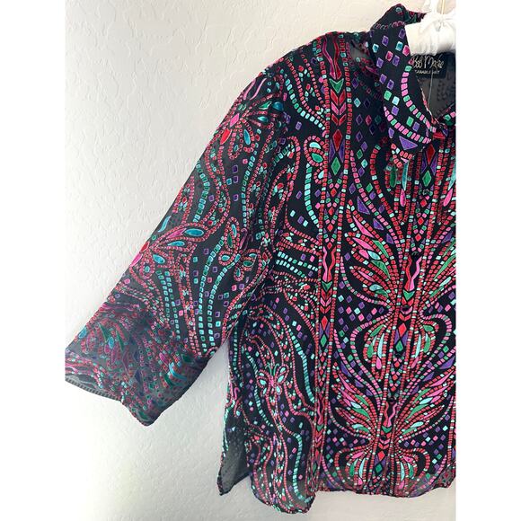 BOB MACKIE | Burnout Velvet Blouse Abstract Colorful Sheer Silk Blend NWT | XL - Picture 3 of 7